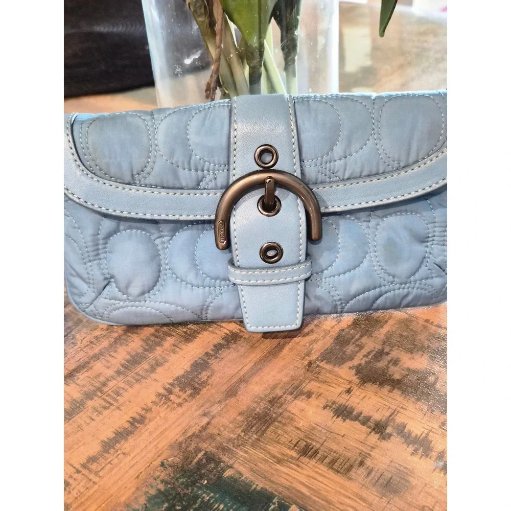 Coach Blue Quilted Signature Nylon Wristlet Buckle Pouch Bag